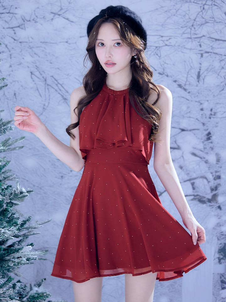 送料無料!ホルターネックバックビジューフレアミニドレス/キャバドレス