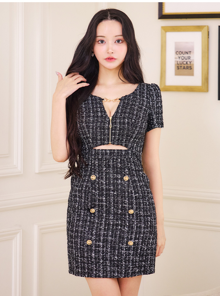 ウエストカットチェックツイードミニドレス/チェーン/ゴールドボタン