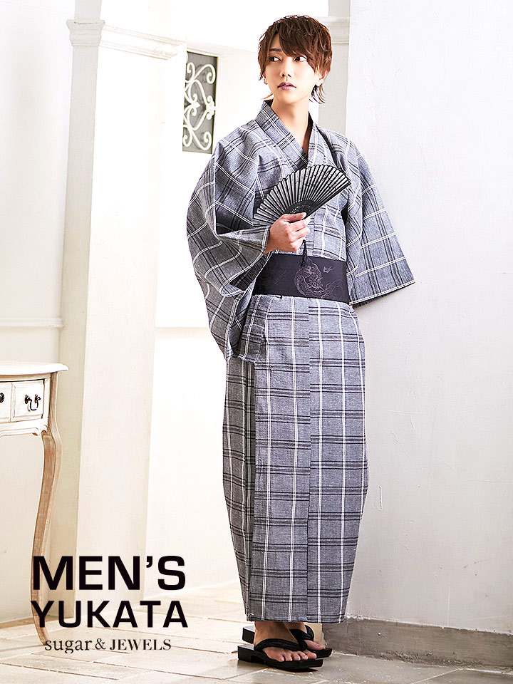 即日発送】【浴衣セット】グレー地格子柄メンズ浴衣【浴衣3点セット