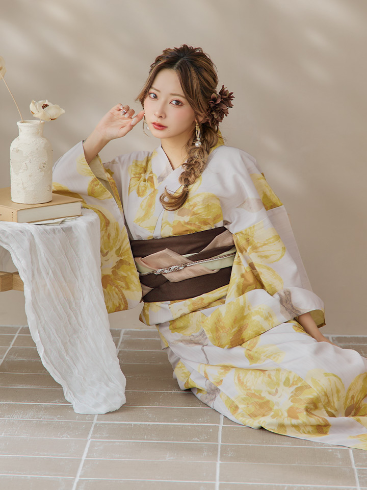 即日発送！】グレージュ×イエローフラワー浴衣 【浴衣3点セット 浴衣
