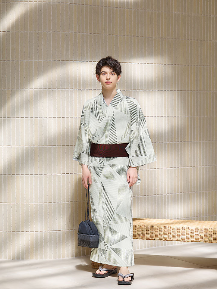 即日発送！】【メンズ浴衣】カーキグリーン幾何学的模様浴衣【浴衣3点