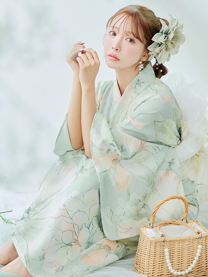 即日発送】アイシーミントフラワー浴衣 【浴衣3点セット 浴衣/帯/下駄