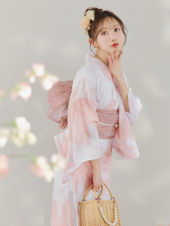 即日発送】ニュアンスピンクフラワー浴衣 【浴衣3点セット 浴衣/帯