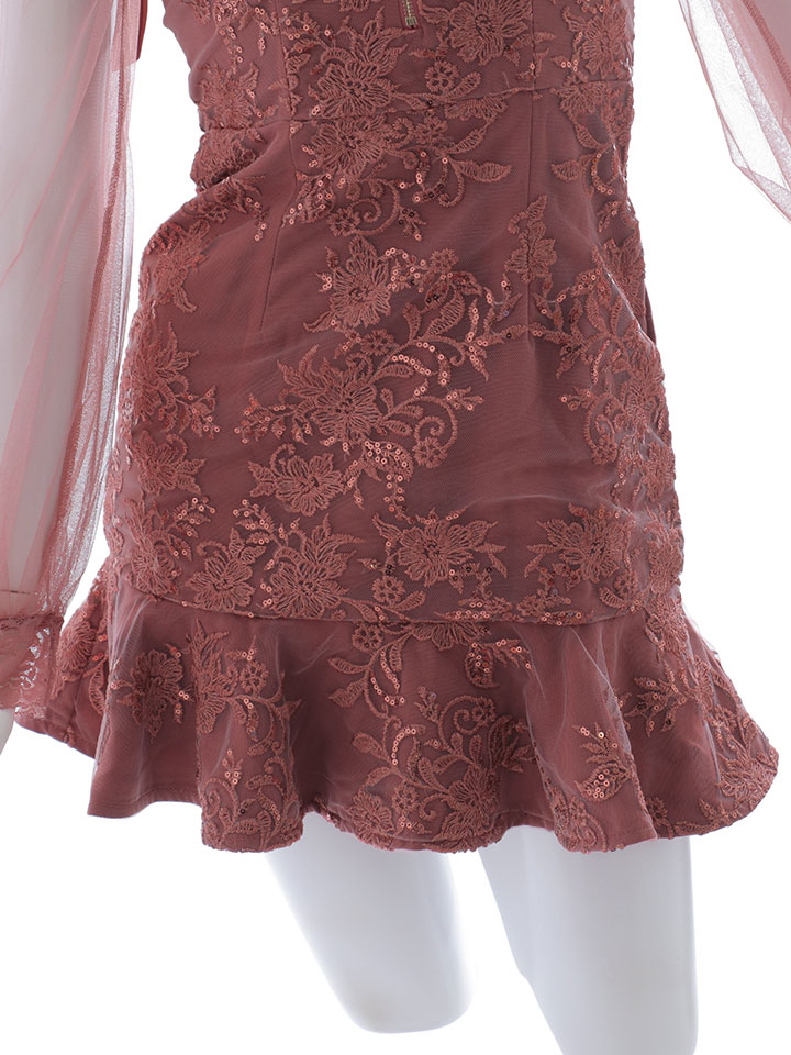 リボンショルダー刺繍レースドレス/チュール袖/スパンコール/ビジュー