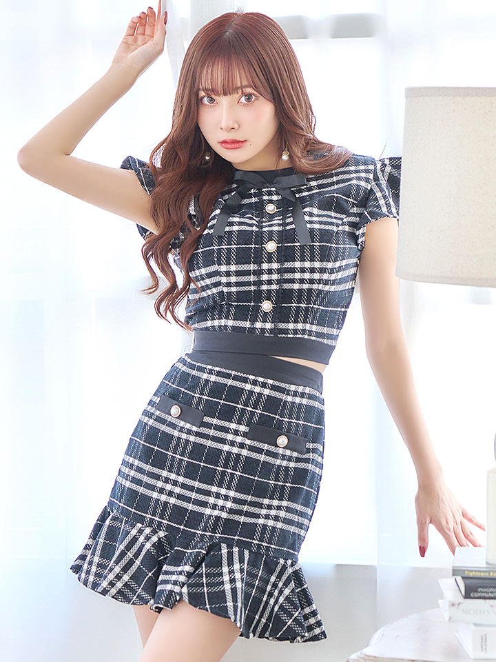 ツイードチェックドレス/セットアップ/フリル/パールボタン/マーメイド