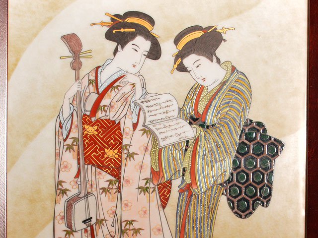 献上手古伊万里焼】陶額 染錦本金元禄美人浮世絵図