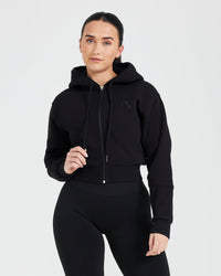 Black Crop Zip Hoodie - Women's with Drawstring Hood | Oner Active