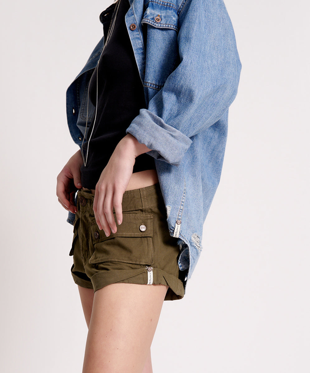 Cadet Bandits Low Waist Denim Shorts - Dark Khaki | One Teaspoon USA