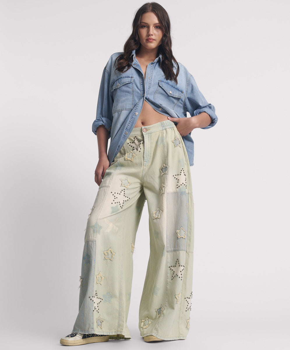 Palazzo Mid Waist Denim Jeans - SUNDAE | One Teaspoon USA