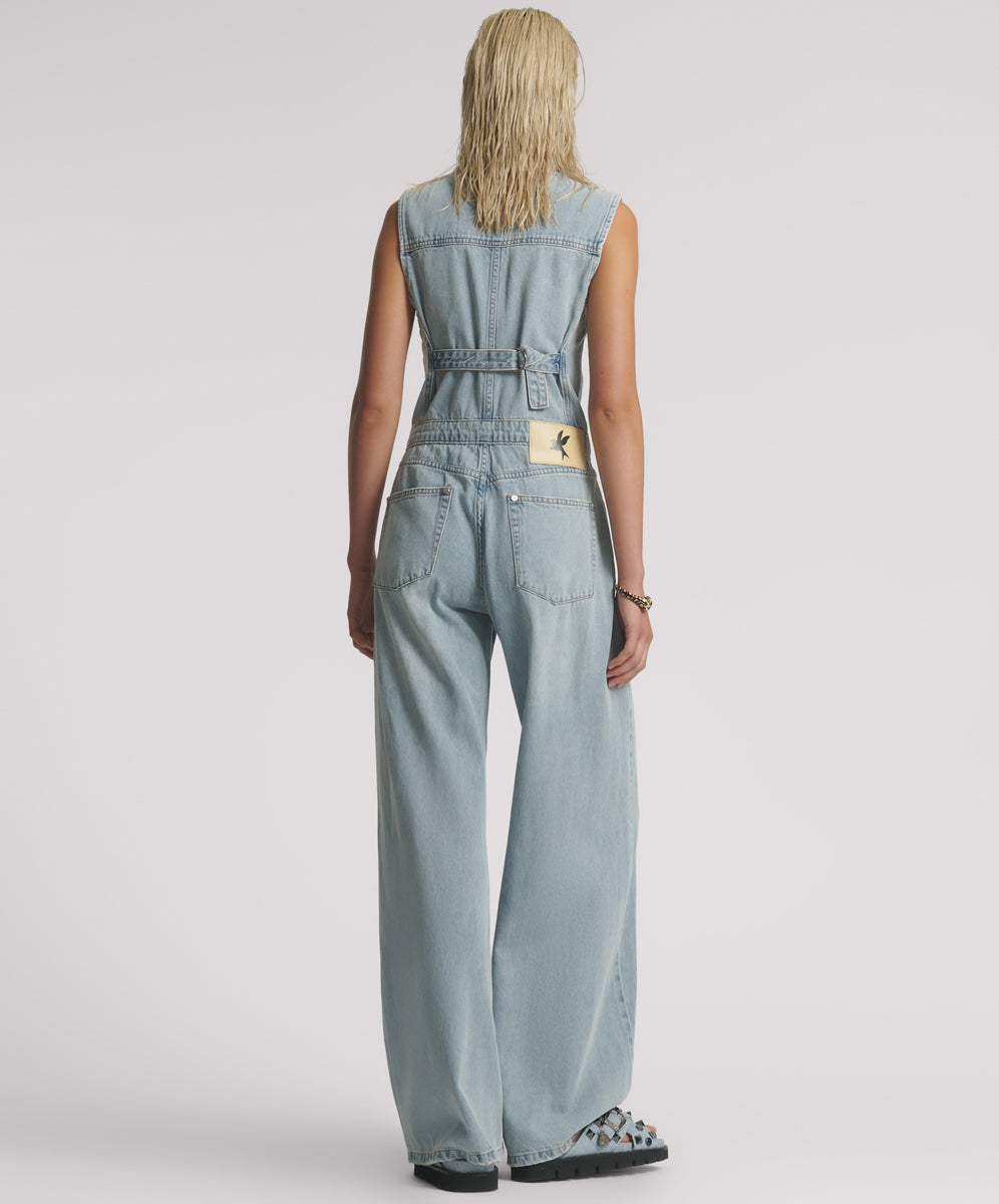 Love Machines Sleeveless Wide Leg Fitted Denim Jumpsuit - Soft
