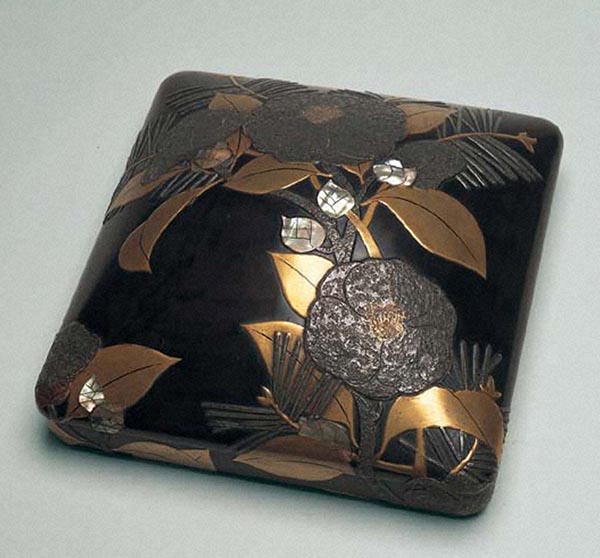 高岡漆器 (造) 古代塗 鍔蒔絵硯箱 24cm×16cm 共箱 しおり 文箱