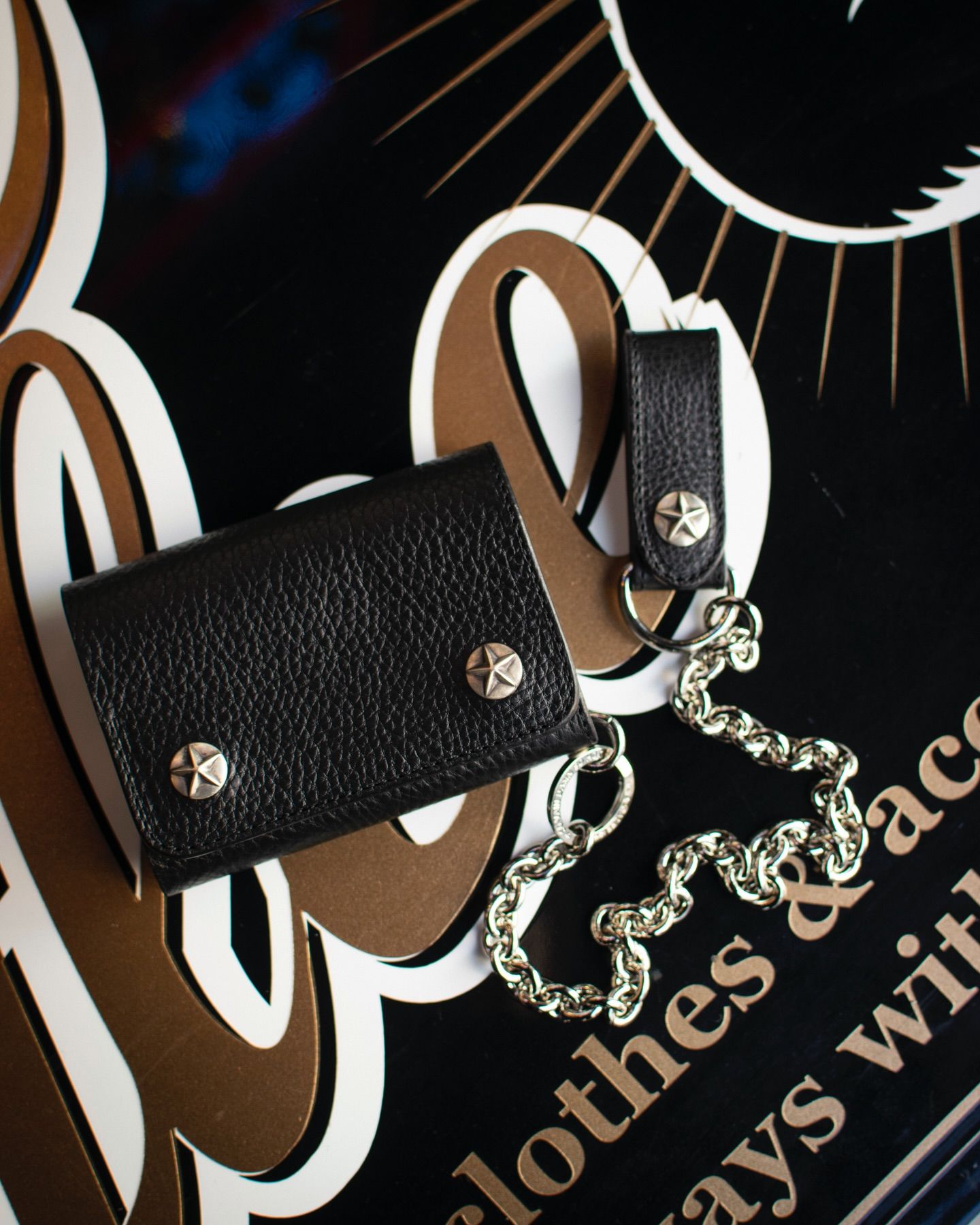 CALEE - SILVER STAR CONCHO LEATHER WALLET CHAIN (BLACK) / シルバー