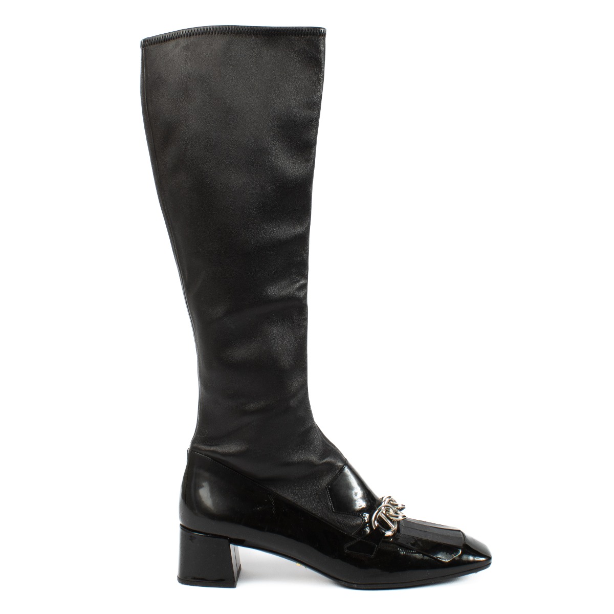 Prada Black Patent Leather Chain Boots - Size 41 ○ Labellov