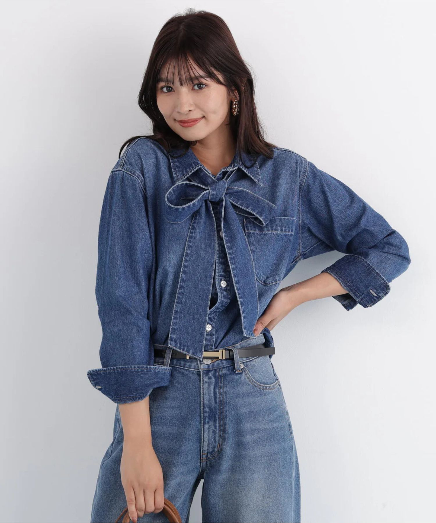 PINKY&DIANNE - ネックリボンデニムシャツ(インディゴ)コットン100