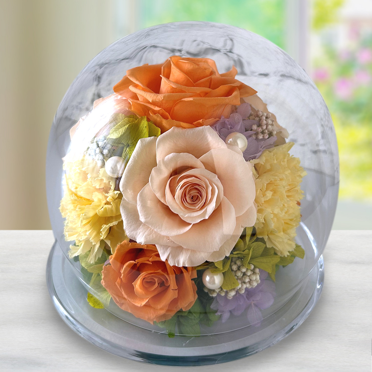 プリザーブドフラワー ドーム オレンジ お見舞い 誕生日 結婚祝い 両親