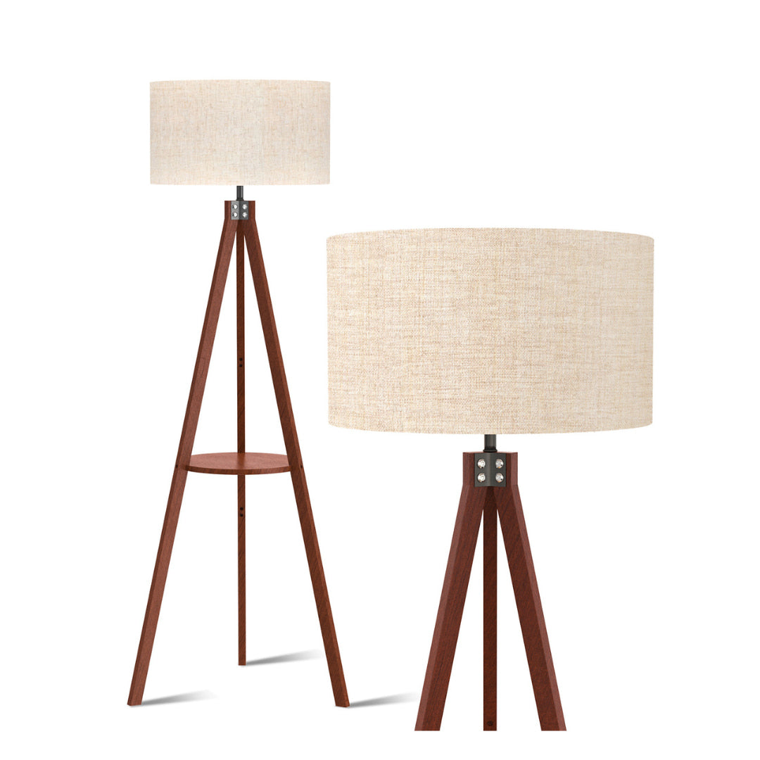 Wooden Tripod Floor Lamp with Shelf 60in High Mid-century Modern