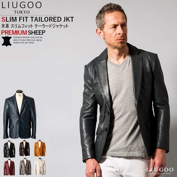 LIUGOO 本革 スリムフィットレザーテーラードジャケット メンズ