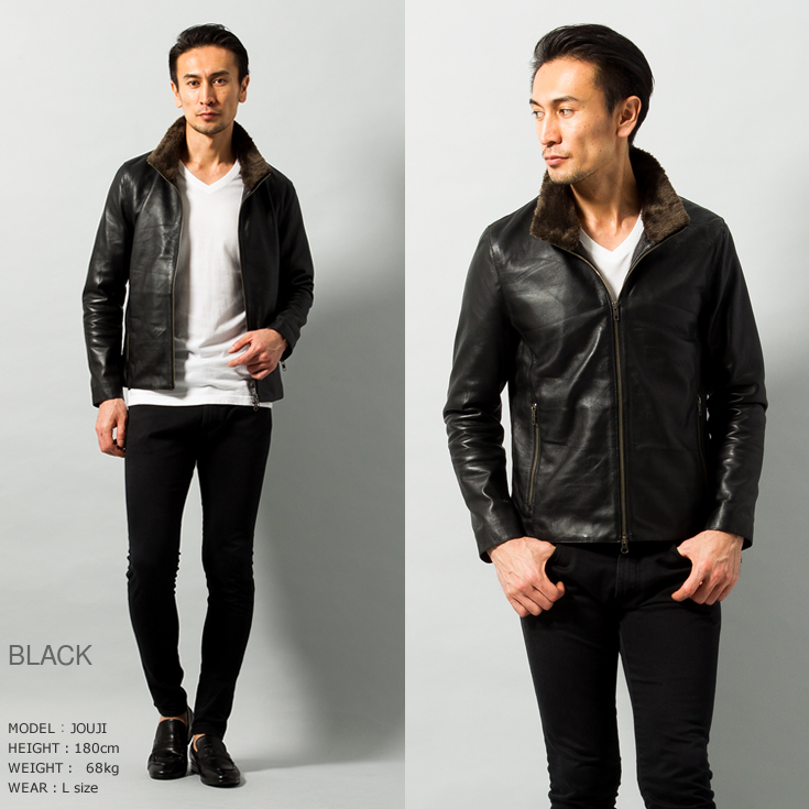 LIUGOO 本革 襟ボアハイネックシングルジャケット メンズ リューグー