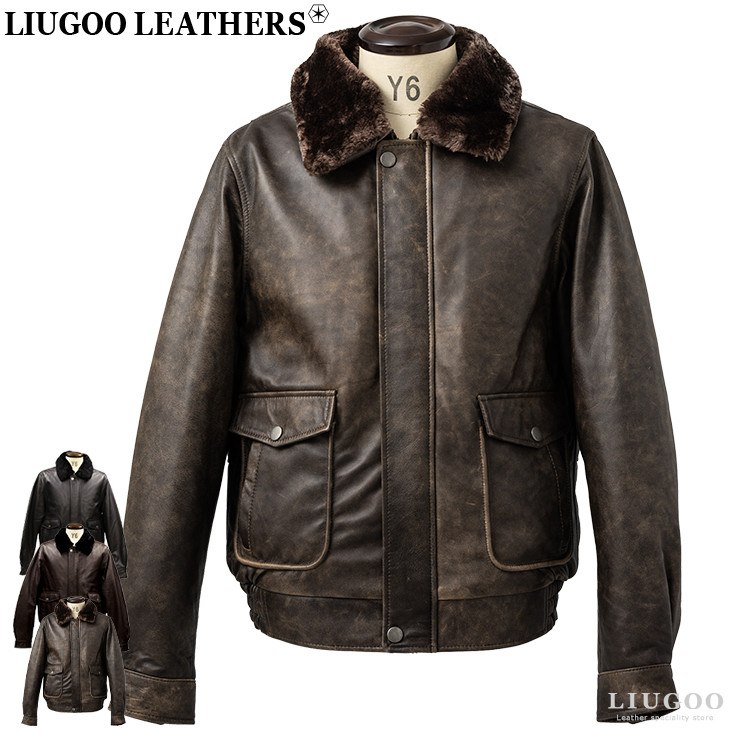 LIUGOO 本革 襟ボアレザーブルゾン ボンバージャケット メンズ
