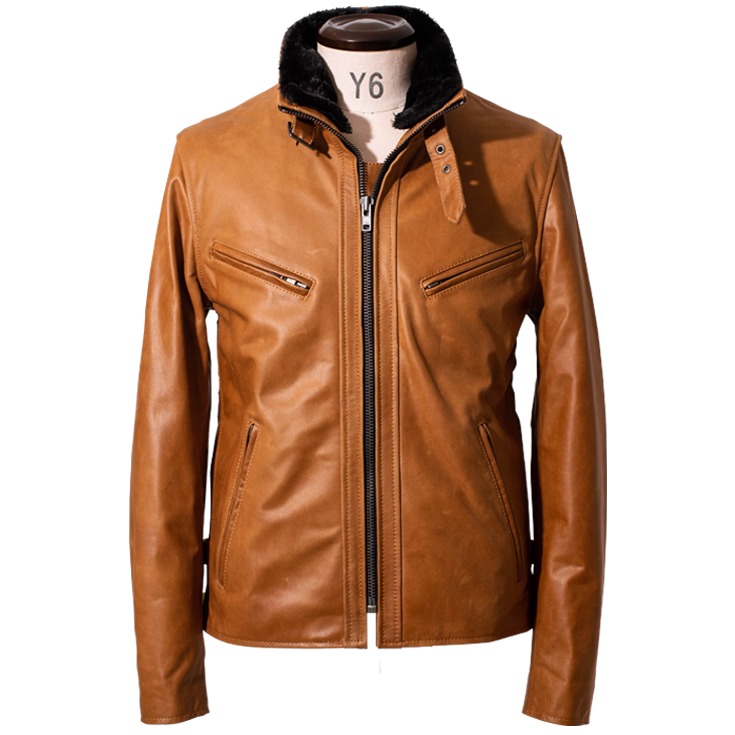 Liugoo Leathers 本革 襟ボアハイネックシングルライダースジャケット