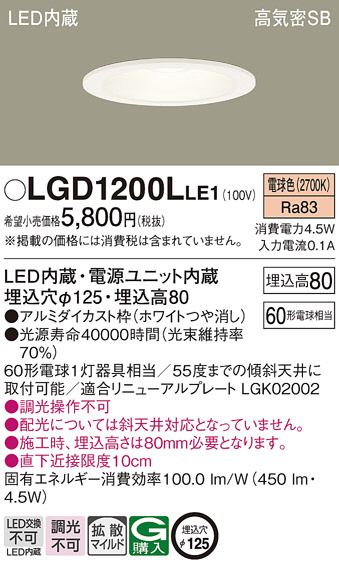葉月】Panasonic LGDC1200LLE1ダウンライト 2組 Panasonic