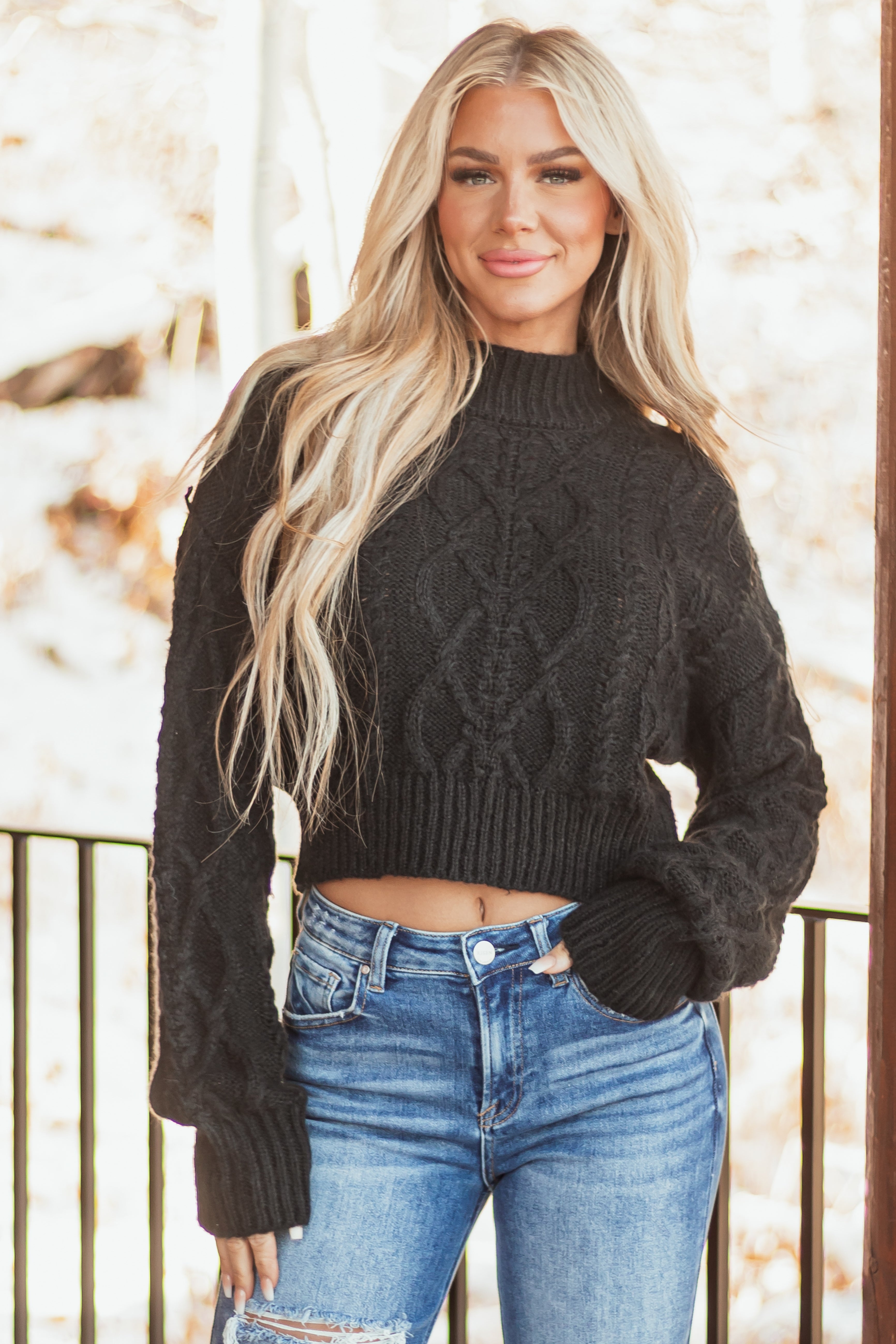 Black Mock Neck Cable Knit Sweater | Lime Lush Boutique