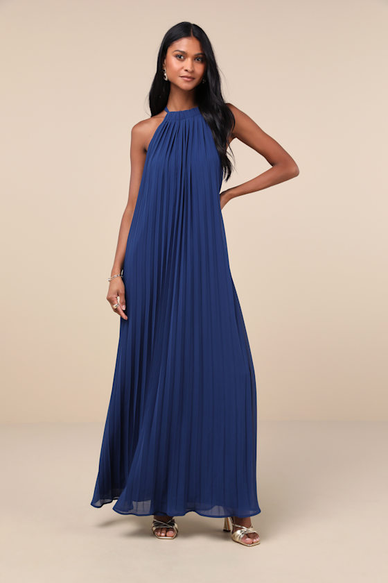 Blue Chiffon Maxi Dress - Pleated Maxi Dress - Chiffon Maxi Gown