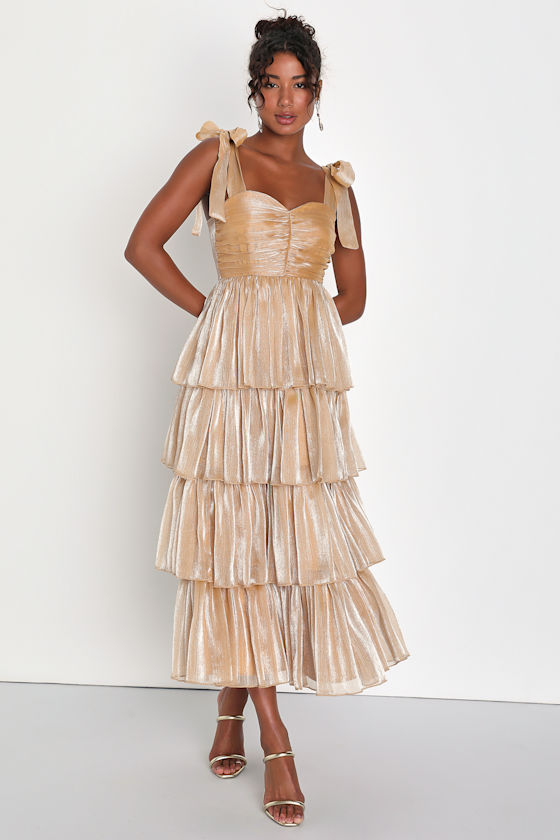 Shiny Gold Organza Dress - Tiered Maxi Dress - Tie-Strap Dress - Lulus