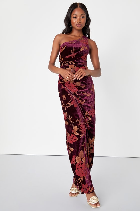 Burgundy Floral Maxi Dress - Velvet Dress - One-Shoulder Dress - Lulus