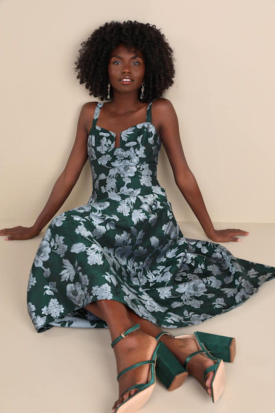 Emerald Floral Dress - Jacquard Drop Waist Dress - Midi Dress - Lulus