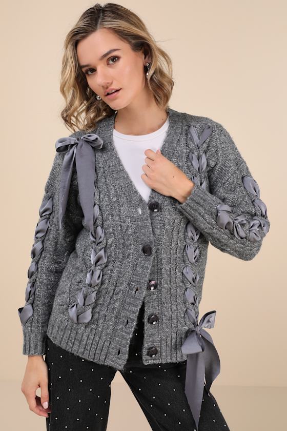 Moon River Ribbon Lace Sweater - Heather Grey Cardi - Sweater - Lulus