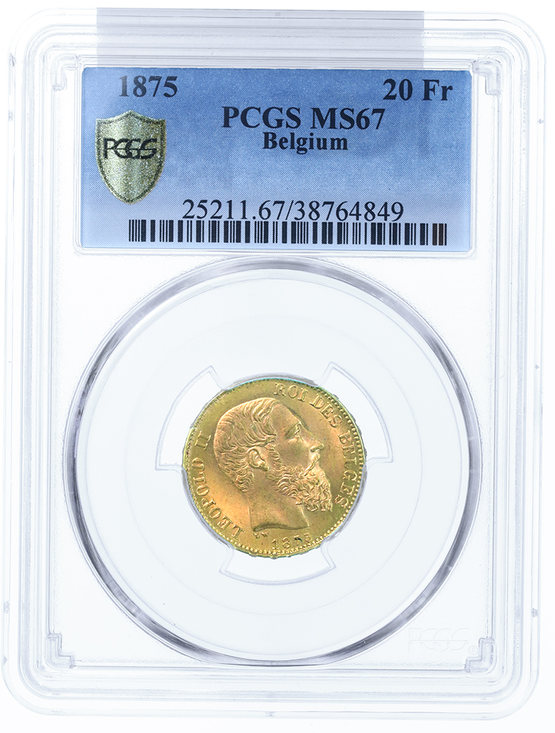 ベルギー レオポルド2世 1875年銘 20フラン 金貨 PCGS MS67 最高