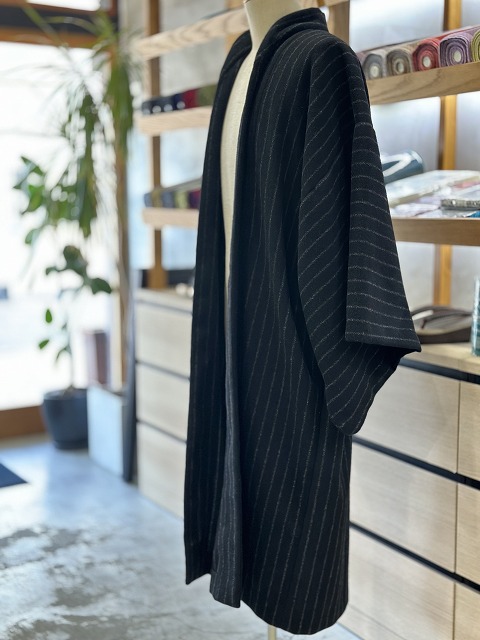 KIMONO MOURIオリジナル メンズ和装コート 男物防寒コート ウール 黒縞