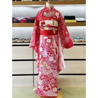 七五三 正絹絞り四つ身着物 絞り 刺繍 長襦袢セット 7歳用 七五三着物