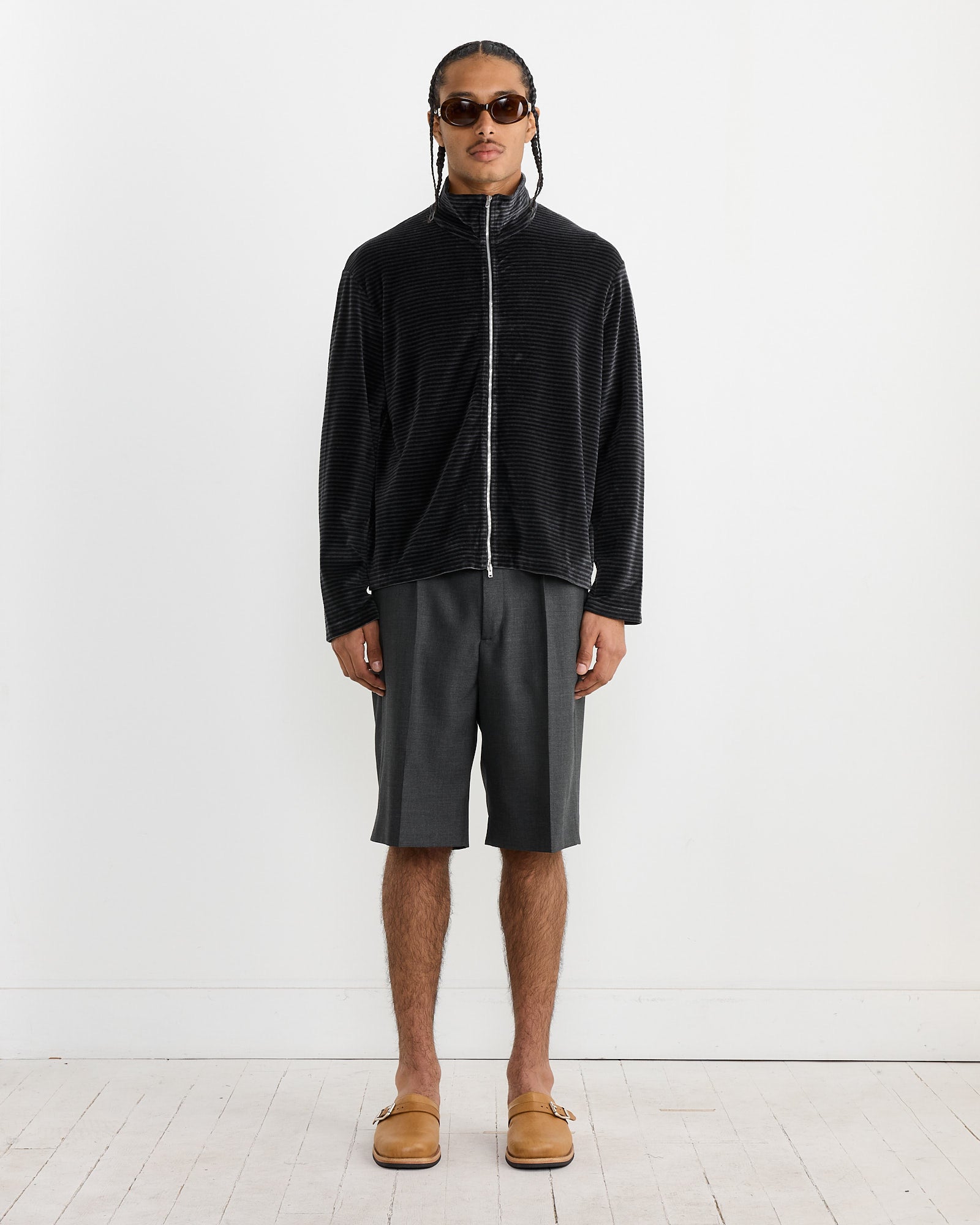 Shrunken Full Zip Polo in Phantom Stripe Velour