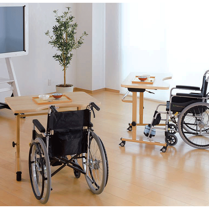 抗ウイルス 福祉用テーブル 昇降式テーブル 天板跳ね上げ収納 幅90cm