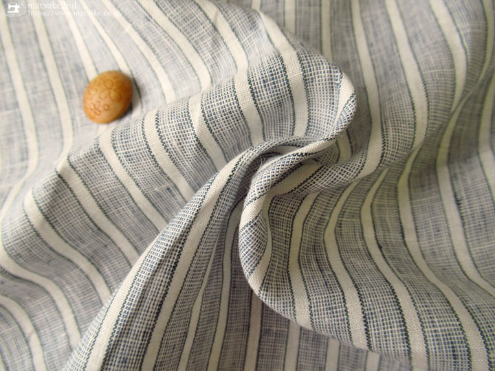 緑とグレー黄色のストライプ JAPANリネン100% 柔らかい洗いざらし