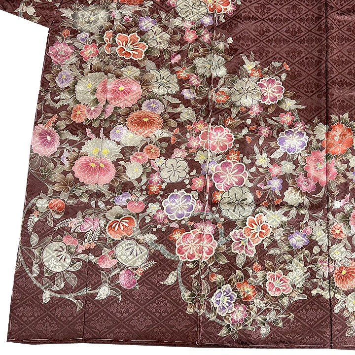 引き振袖 手描き友禅の黒に、乱菊と藤の花が咲き誇る作家物のお