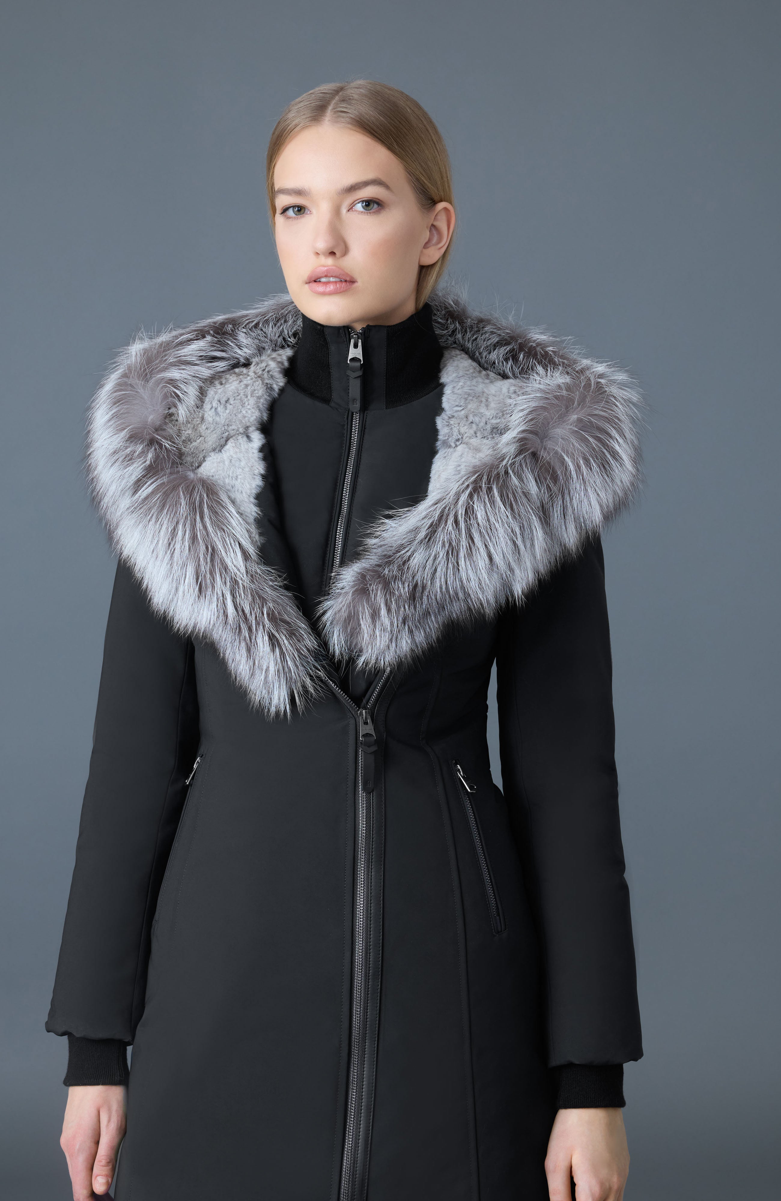Trish-X, Powder Touch down coat with silver fox fur Signature