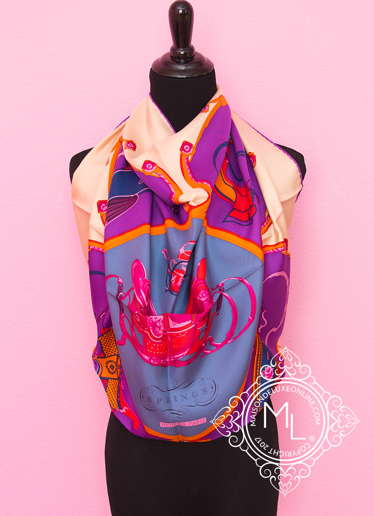 Hermes Beige Purple Twill Silk 90 cm 36 Springs Scarf Shawl Carre