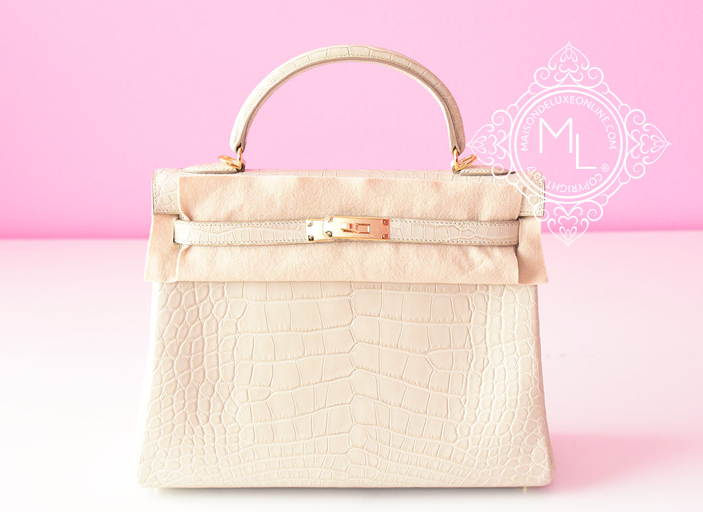 Hermes Beton White GHW Matte Crocodile Kelly 32 Handbag Himalayan