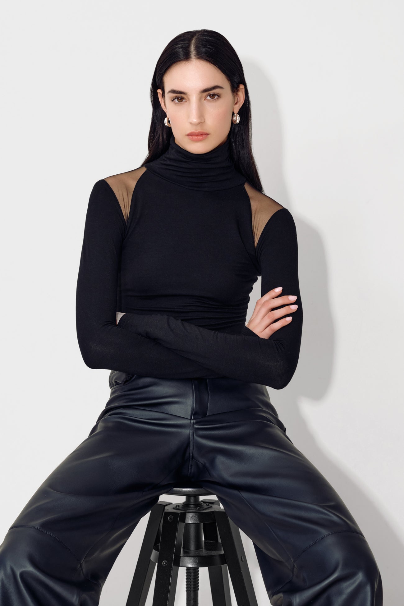 Women's Sustainable European Jersey & Mesh Top - Maria Turtleneck