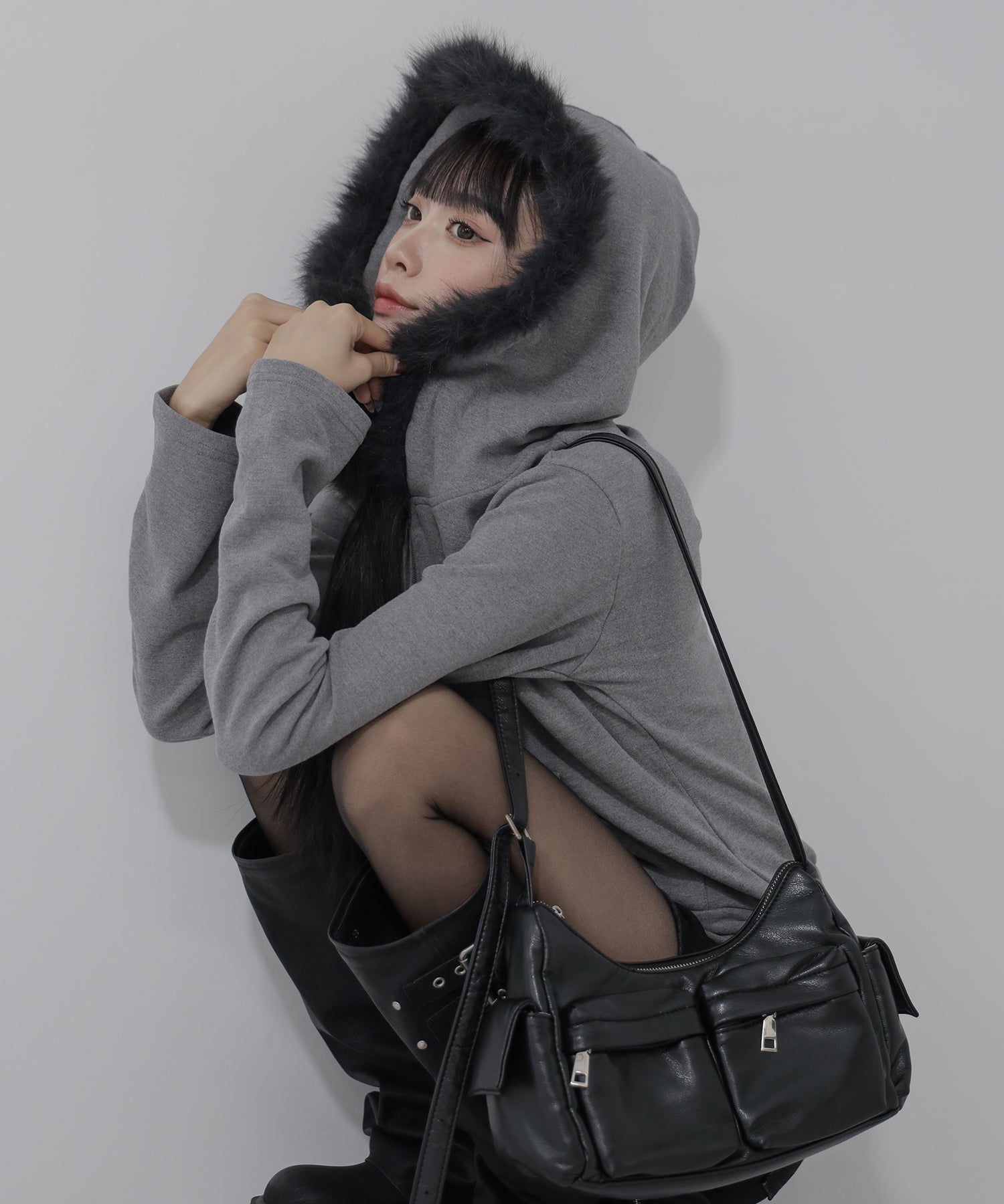 3color 】ファーフードジップアップパーカー ／ fur zipup hoodie