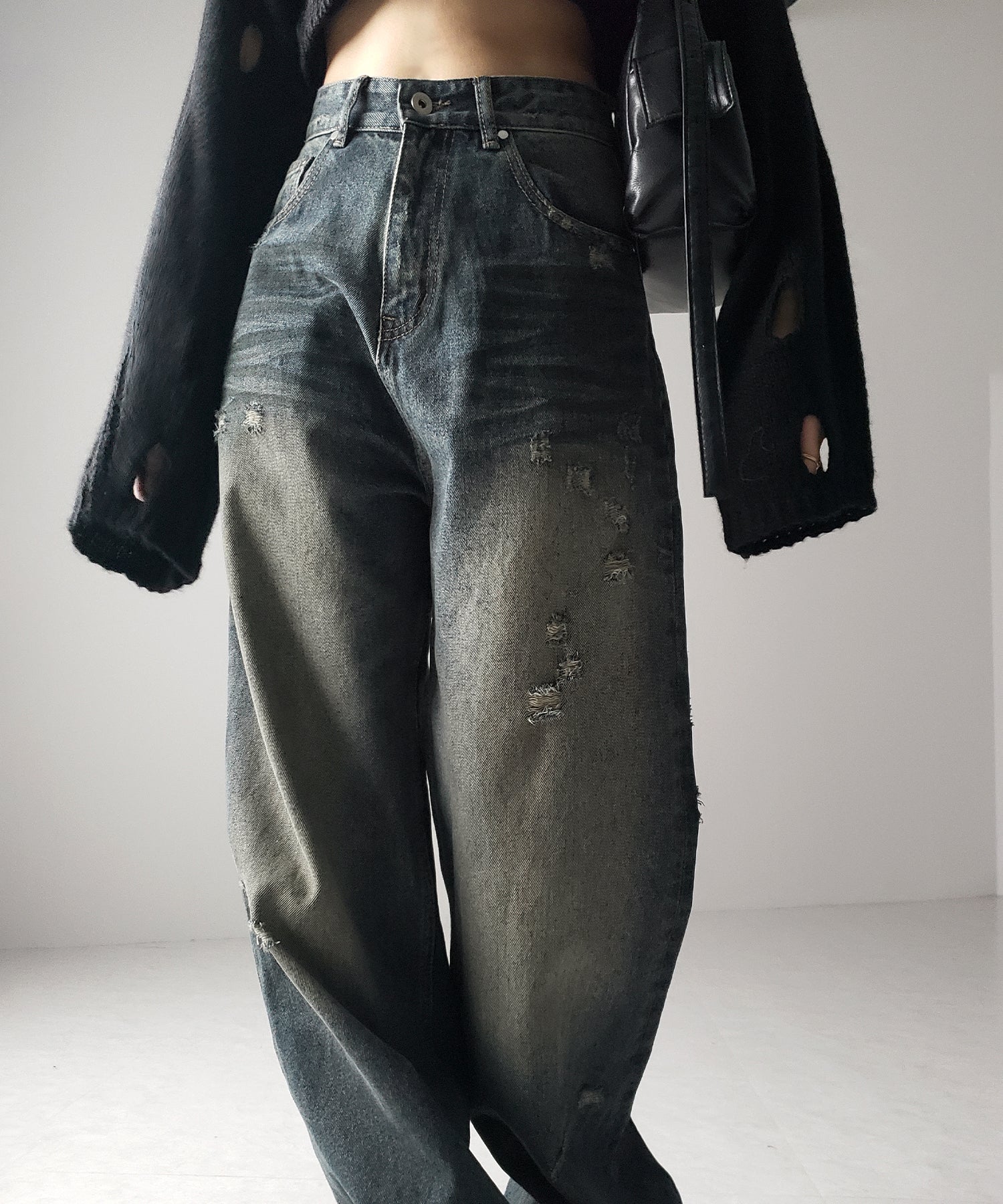 Y2Kヴィンテージダメージワイドルーズデニム