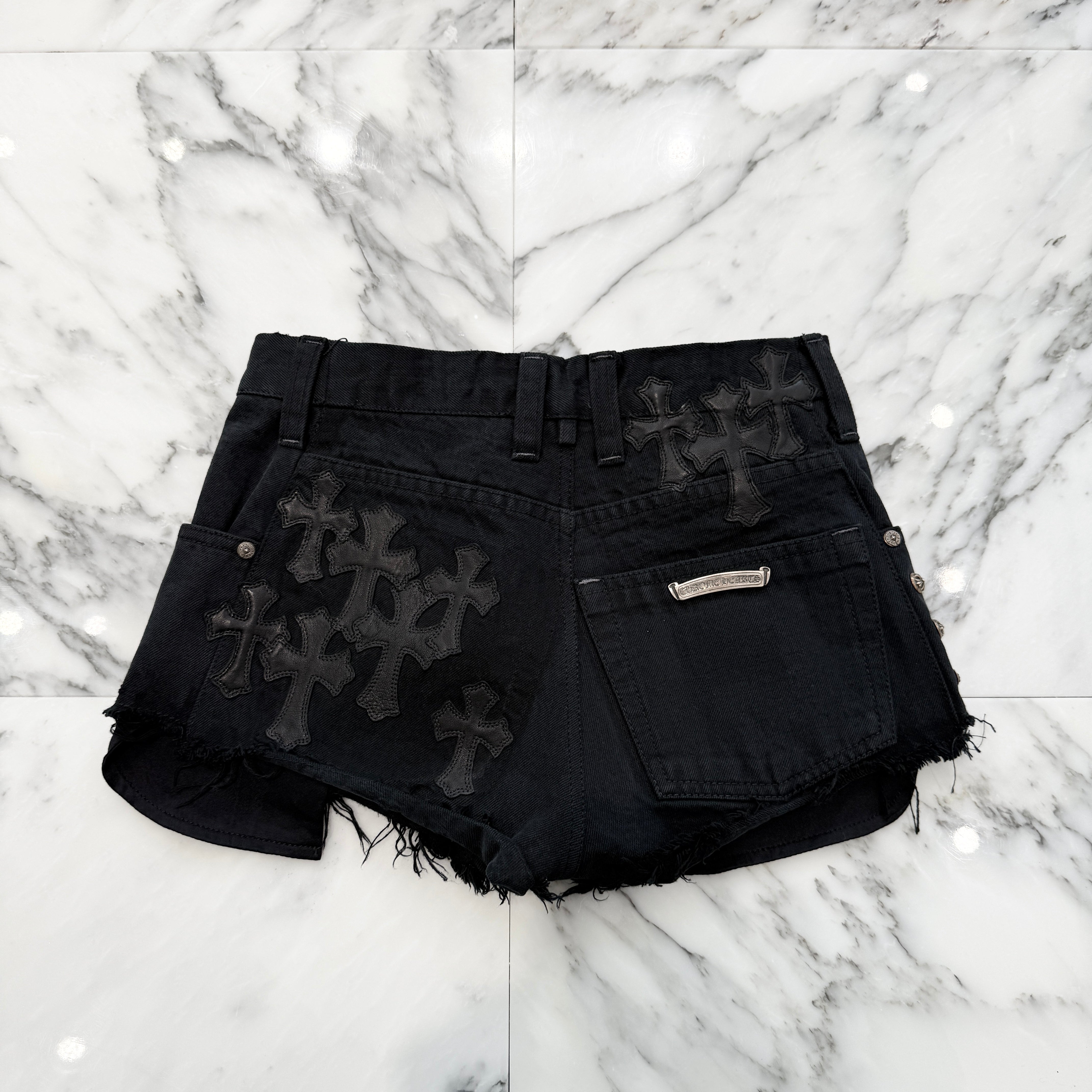 CHROME HEARTS Studded Leather Cross Patch Denim Short Pants クロム