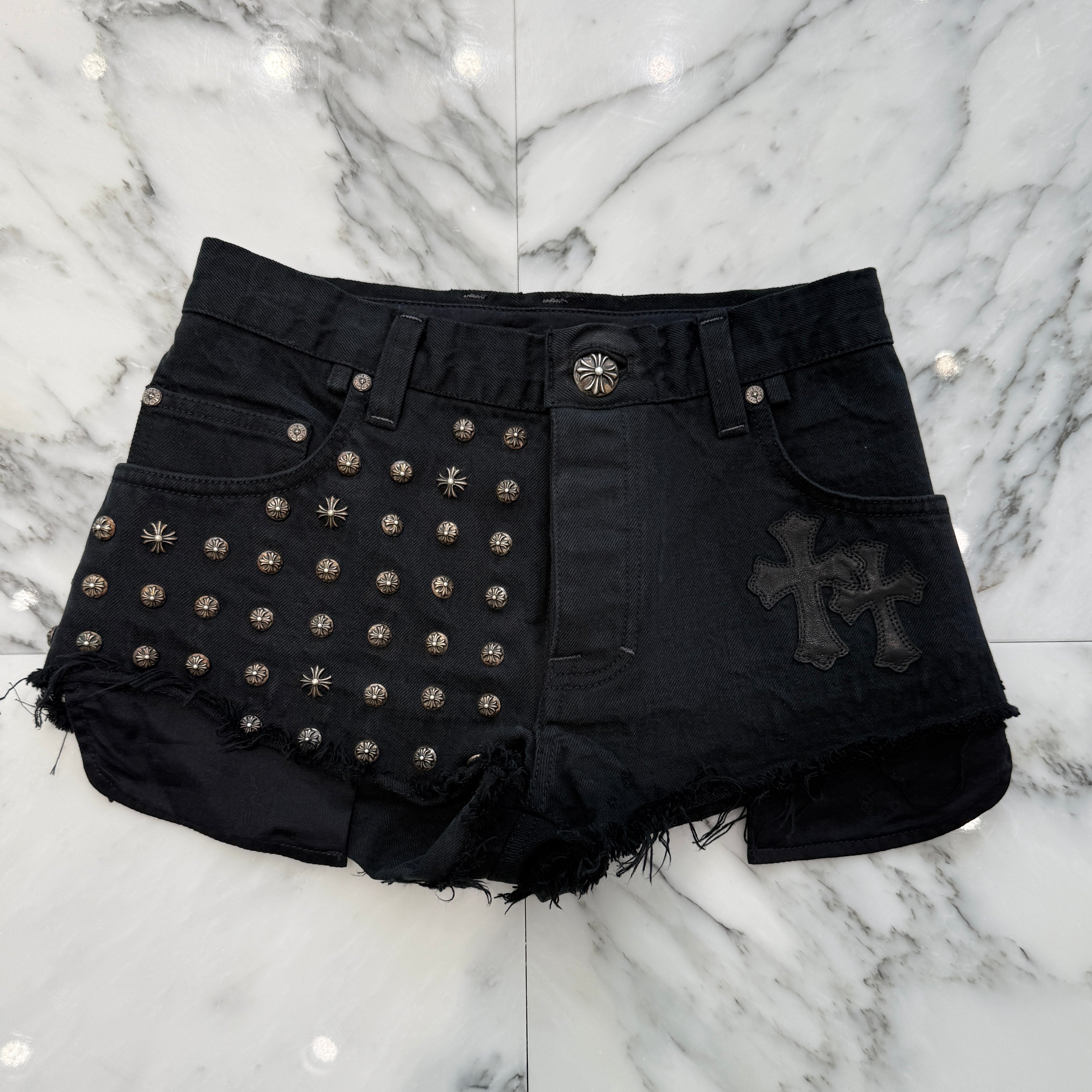 CHROME HEARTS Studded Leather Cross Patch Denim Short Pants クロム