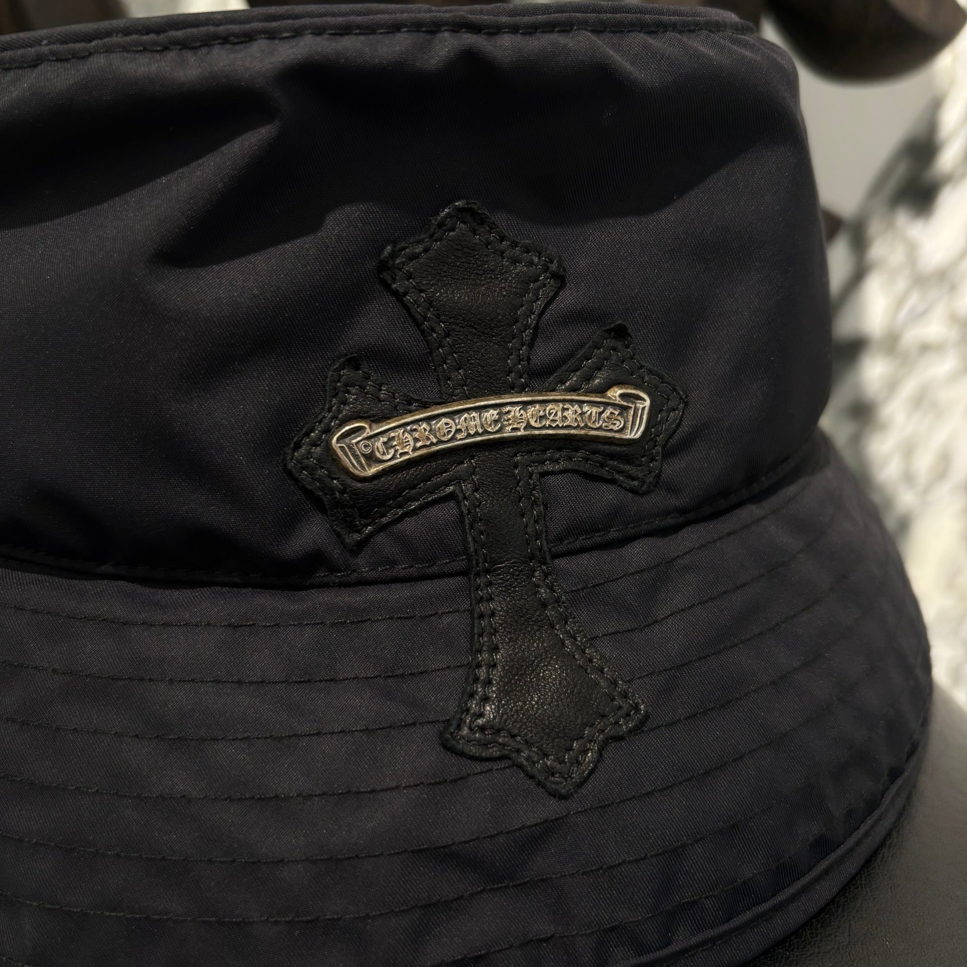 CHROME HEARTS 1 Cross Leather Patch Nylon Bucket Hat Size L（60.5