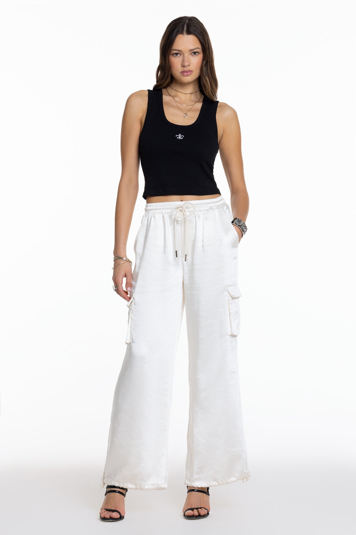 Camila Satin Cargo Pants | Only $68.00 | Cream White | Miss Me