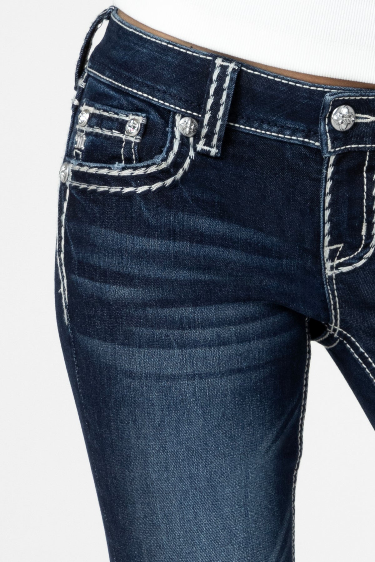 Loose Saddle Stitch Border Bootcut Jeans | Only $104.00 | Dark