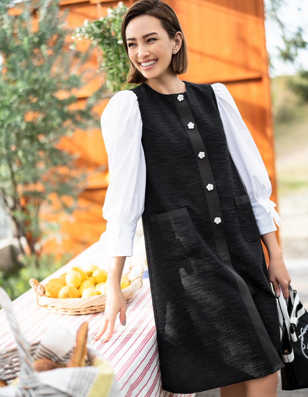 フラワーボタン付きツイードワンピース | msgracy